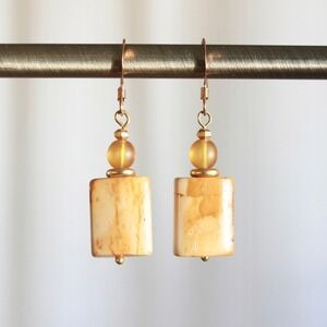 Handmade Boho Gold Tone Marbled Stone and Amber Glass Rectangle Drop Earrings